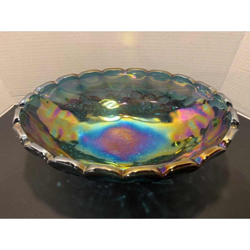 Vintage Blue Carnival Glass Footed Bowl Iridescent Fruit Harvest Scalloped 12in
